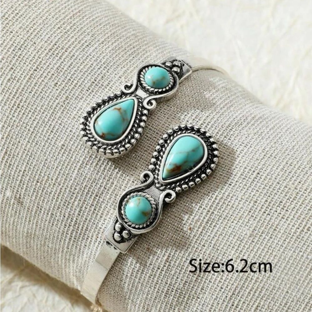 Western Fake Turquoise Stone Antique Cuff Bangle Bracelet - Picture 2 of 9